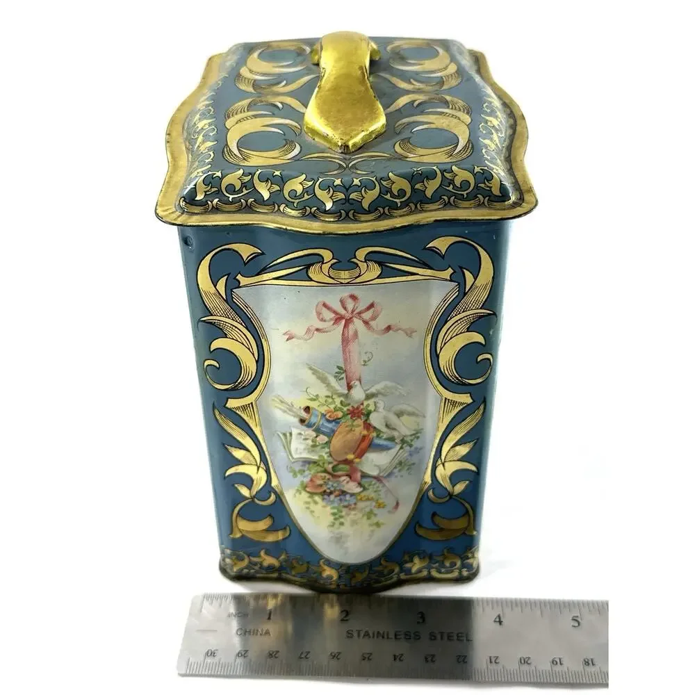 Vintage Ciftea Tea Tin Made in England Blue Gold Victorian Scenes Canister w/Lid